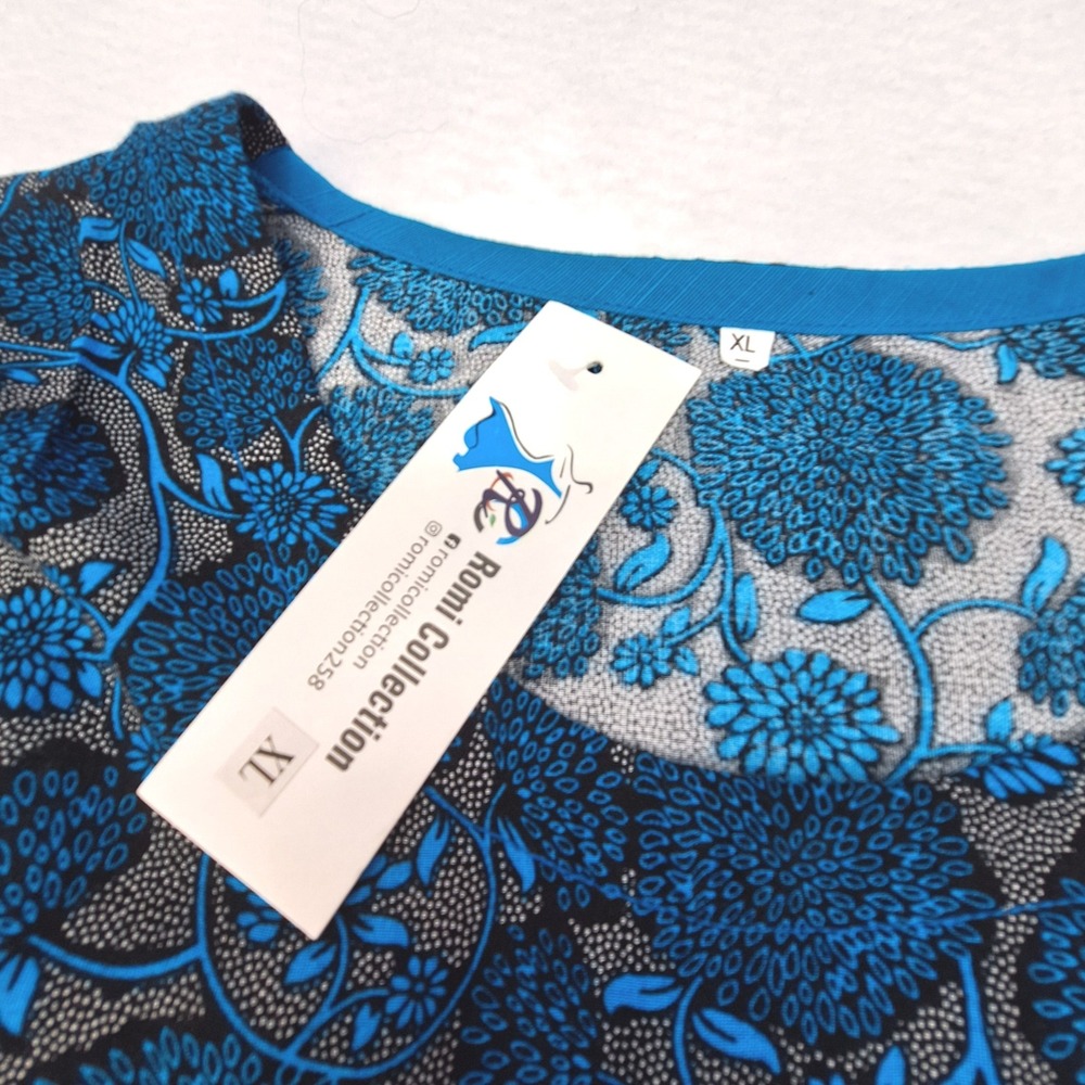 Romi Collection Tunic Top Womens XL Teal‎ Blue Floral Empire Waist Babydoll NWT - Picture 3 of 4